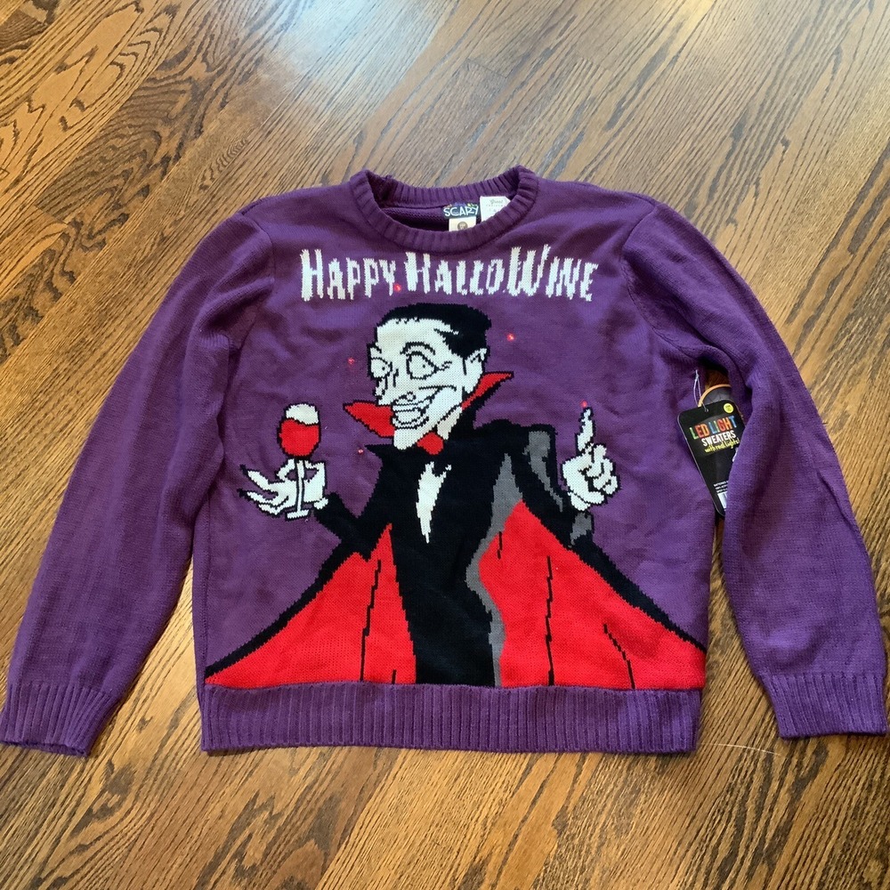 NWT Dracula Halloween Sweater LED Lights Eat Drink 7 Be Scary Batteries Included